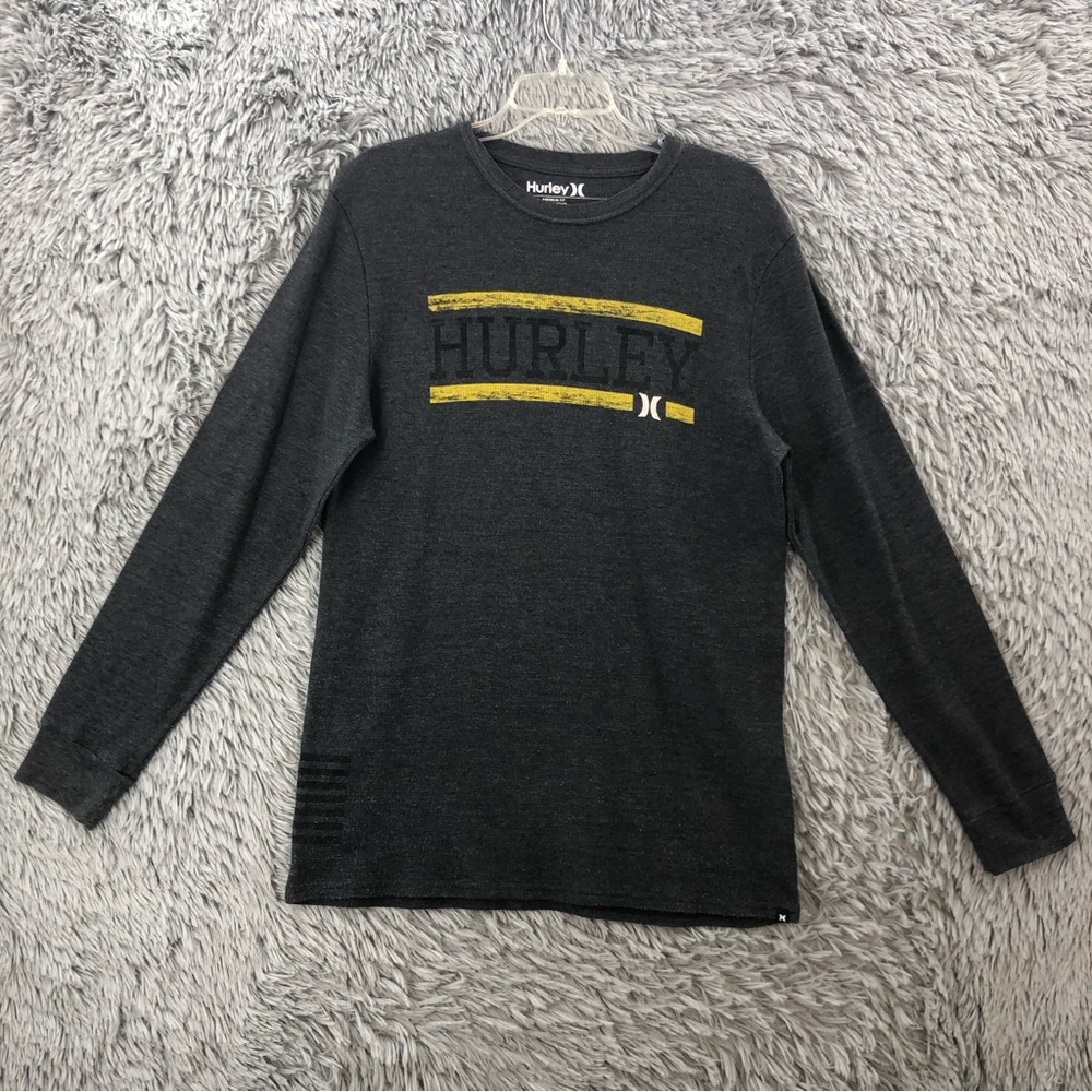 Hurley Mens XL Spellout Waffle Knit Logo Striped Long Sleeve Shirt Gray Yellow